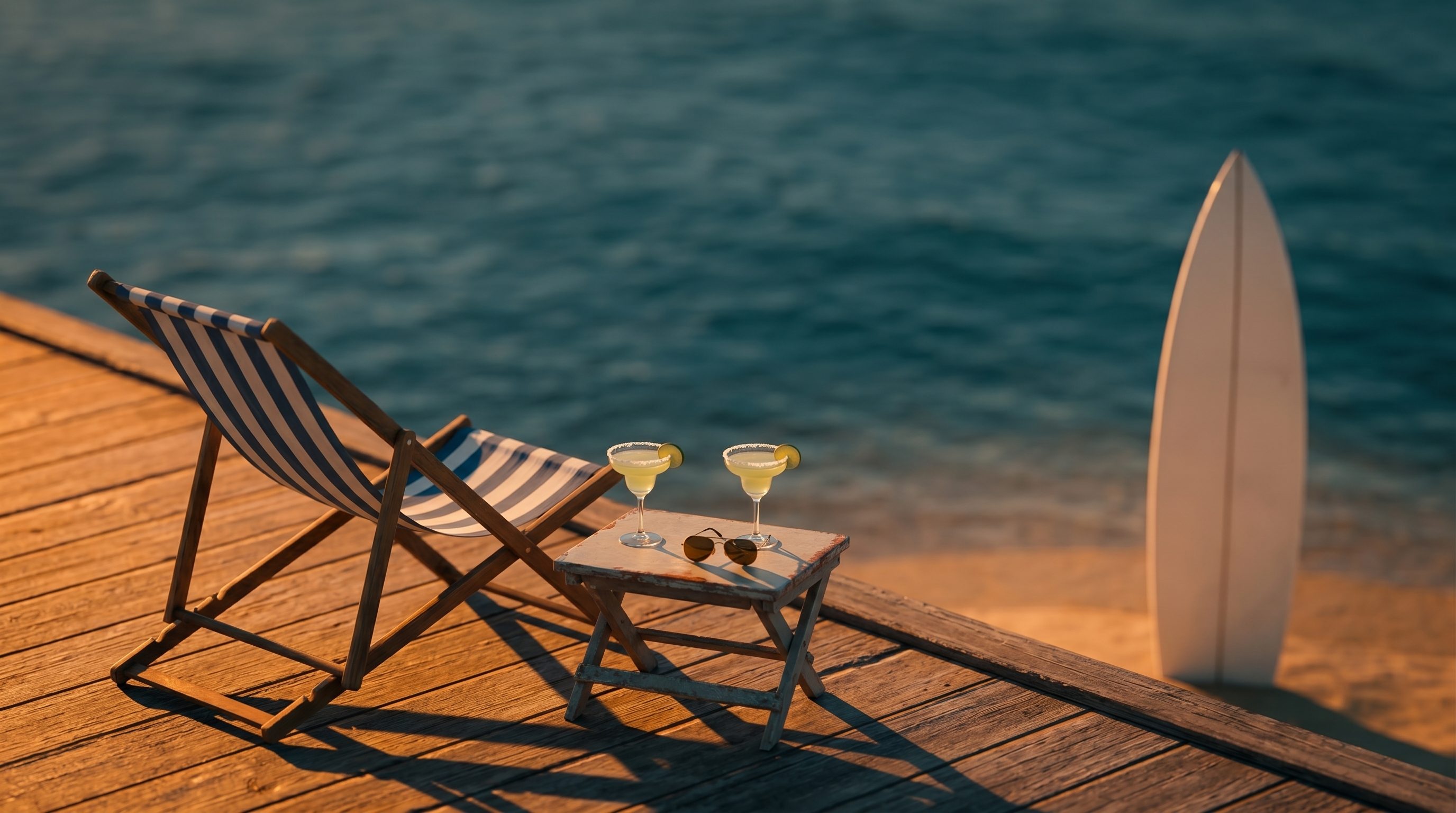 Transat sur une terrasse en bois face à la mer, planche de surf plantée dans le sable, deux margaritas avec des lunettes de soleil, golden hour